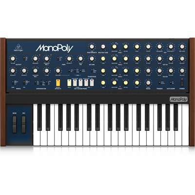 Behringer MonoPoly synthesizer -  Analog 4-Voice Polyphonic Synthesizer with 37 Full-Size Keys, 4 VCOs, VCF, 2 LFOs, 2 Envelopes, Sync and Cross Modulation and Arpeggiator.  